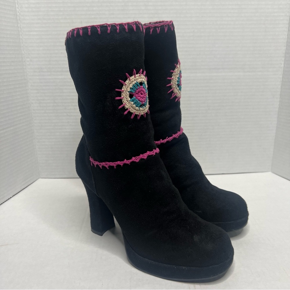 Splash High Heel Boot Faux Suede Granny Square Zip Up Y2K 7.5 Black pink